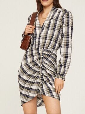 Veronica Beard Plaid Ruched Shirt Dress Button Front Mini Dress 2